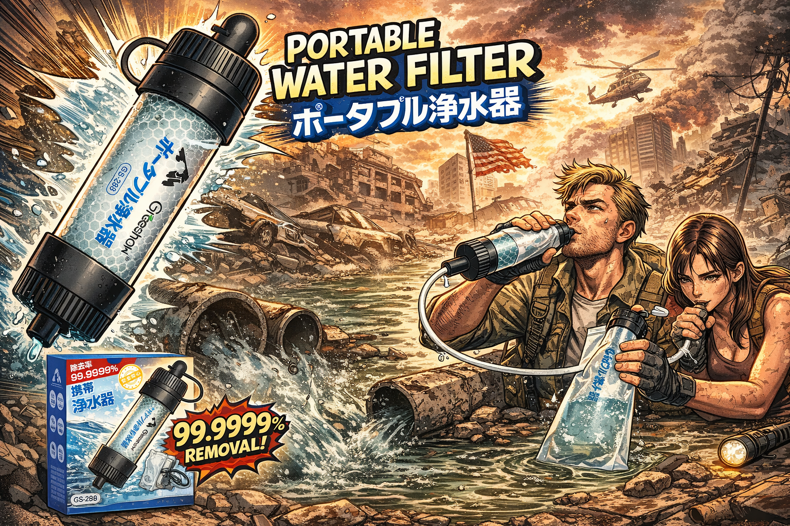 Greeshowの浄水器で水を綺麗にして飲んでいる男女