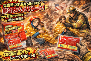 災害時にアルミニウムシートで体を温めている家族