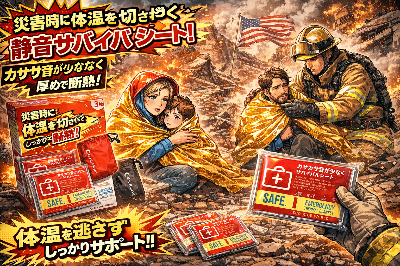 災害時にアルミニウムシートで体を温めている家族