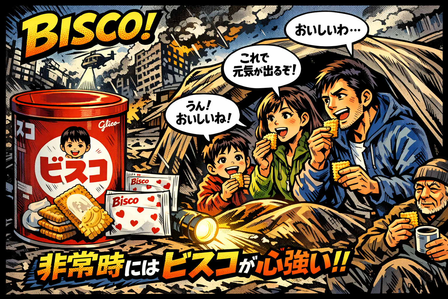 災害時に5年保管できるビスコ缶を食べる家族