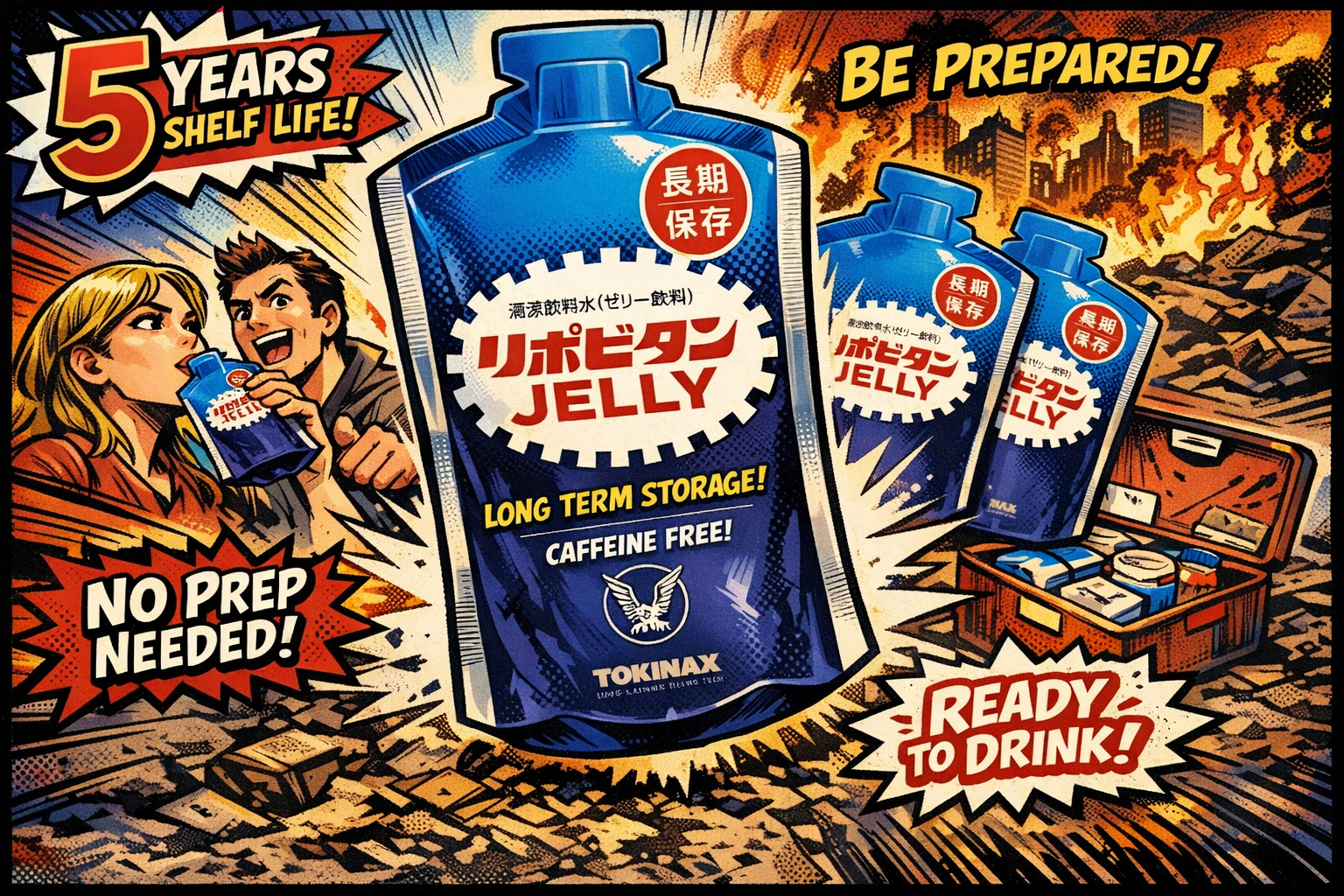 災害の時にリボビタンゼリーを飲む人たち